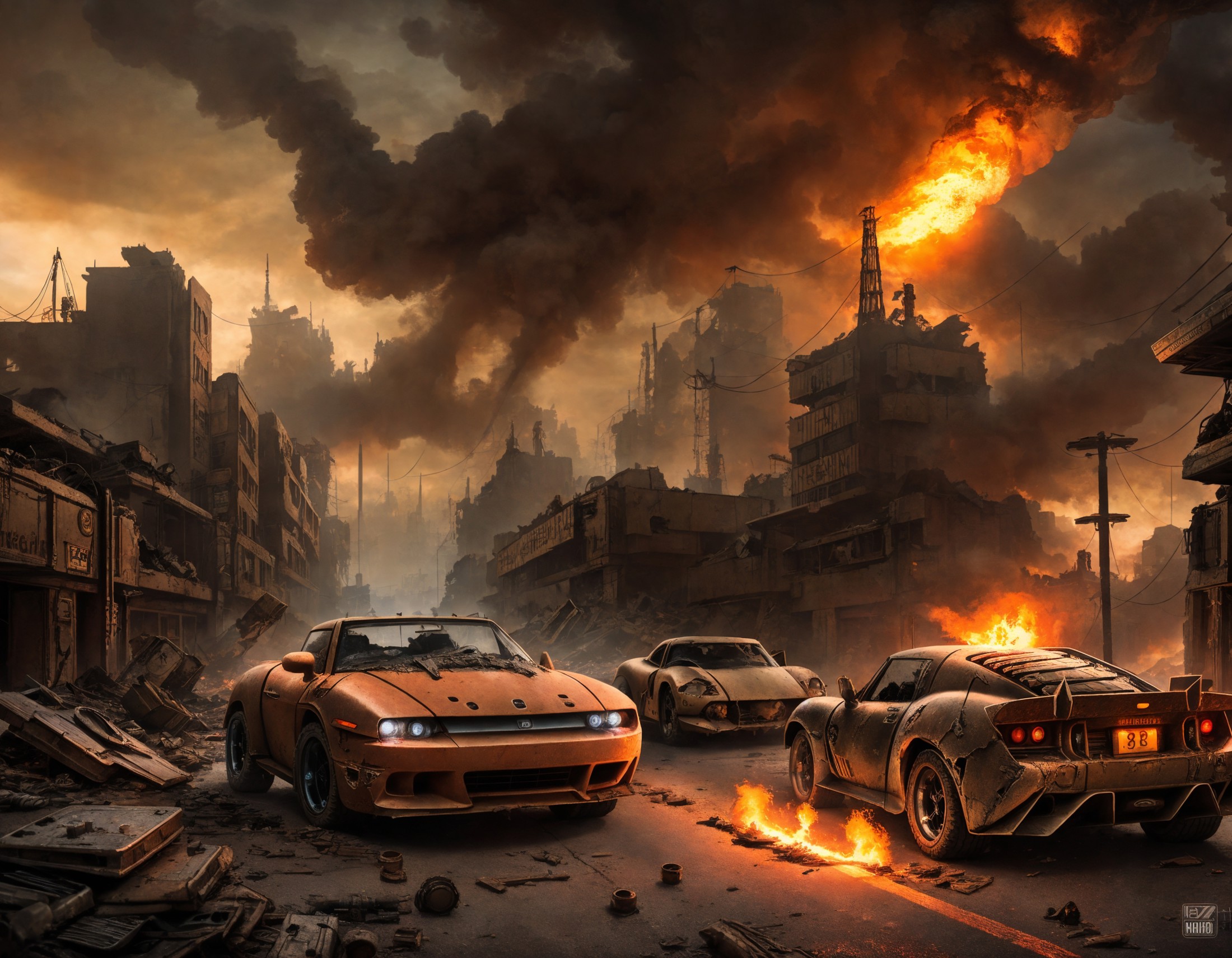 ((detailed dieselpunk sports cars)), destroyed city after nuclear blast, post apocalyptic, warzone, fire , smoke, high qua...